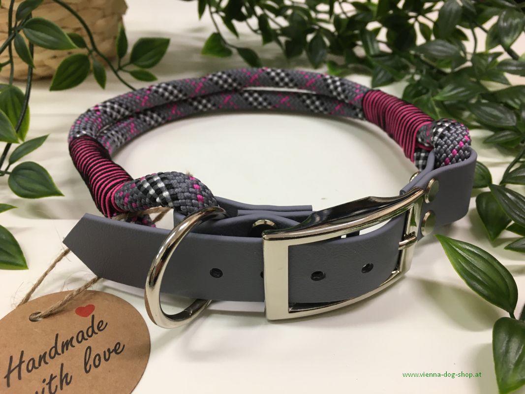 Rope collar ENGLISH PLAID PINK, grau 10 mm x 46-52 cm